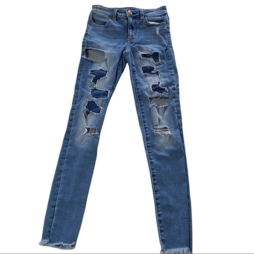 American Eagle Super Stretch Hi-Rise Jegging Light Wash Whiskered Destroyed 0x26